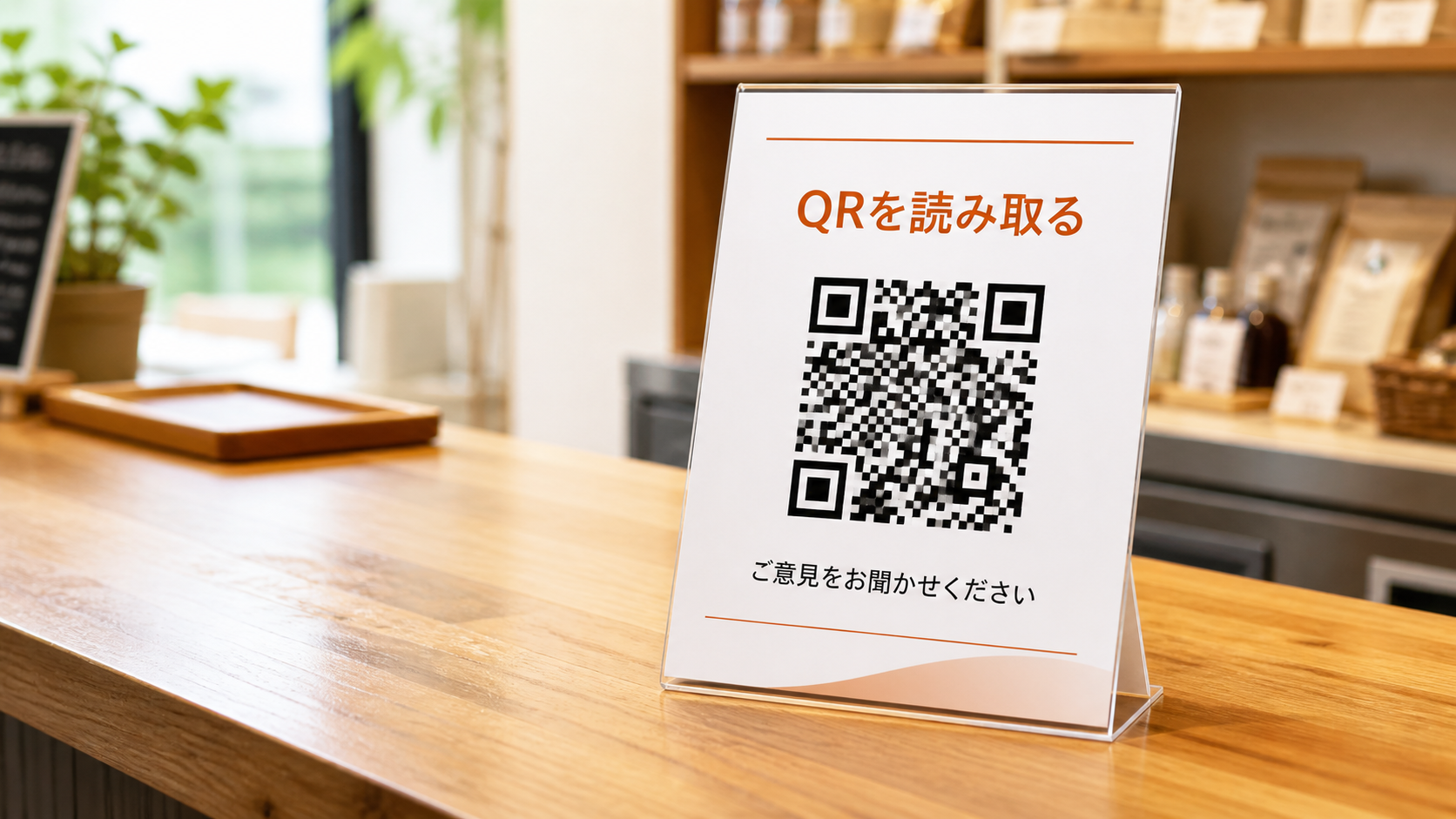 机に立てたQRコード台紙をスマートフォンで読み取るための店頭POPデモ写真